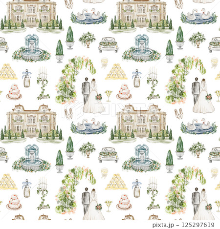 Wedding seamless Watercolor pattern newlyweds, estate, swans, champagne, fountain, convertible Wedding seamless Watercolor pattern newlyweds, estate, swans, champagne, fountain, convertible 125297619