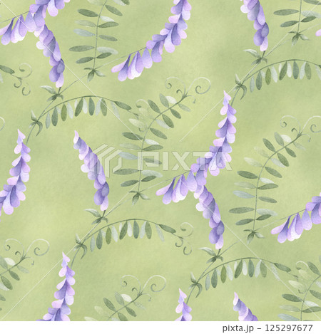 Wildflowers lilac mouse pea. Seamless floral watercolor pattern on green background. Hand drawn sketch meadow purple flowers for fabric print, textile and packaging. Endlessly repeating ornament 125297677