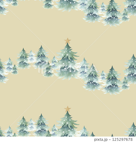Christmas spruces snow-covered with festive golden star decoration. Hand drawn watercolor seamless pattern of forest winter landscape on beige for New Year festive packing paper, fabric and textile 125297678