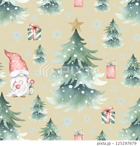 Christmas seamless pattern with gnome, lantern, spruces snow-covered, snowflakes and gift boxes. Watercolor illustration on beige background for New Year festive packaging, fabric print and textile 125297679