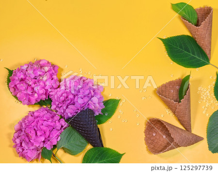 beautiful hydrangea flowers. Trendy fashion Style. Spring Summer Floral concept. Creative Minimal. Pink Blossom, Bright Color. Art 125297739