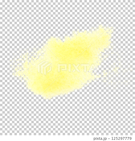 Yellow abstract watercolor stain with soft, blurry edges. Hand drawn sunny paint blurring in wet-on-wet technique. Translucent spot design element isolated from background for decoration backdrop 125297779