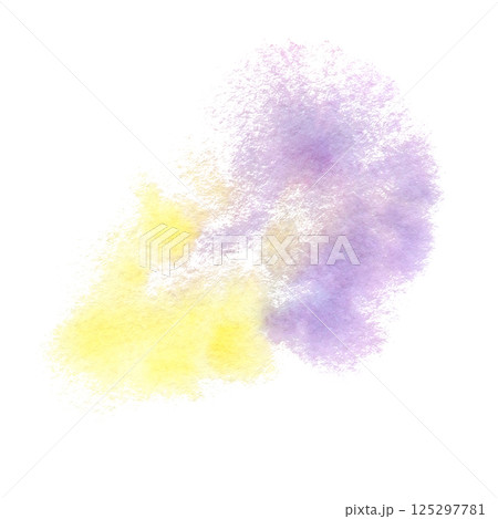 Yellow-lilac abstract watercolor stain with soft, blurry edges. Hand drawn paint blurring in wet-on-wet technique. Translucent spot design element isolated from background for decoration backdrop 125297781