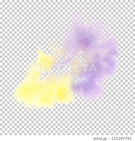 Yellow-lilac abstract watercolor stain with soft, blurry edges. Hand drawn paint blurring in wet-on-wet technique. Translucent spot design element isolated from background for decoration backdrop 125297781