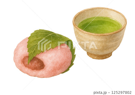 桜餅と湯のみの緑茶を描いた水彩イラスト（食品・食材） 125297802