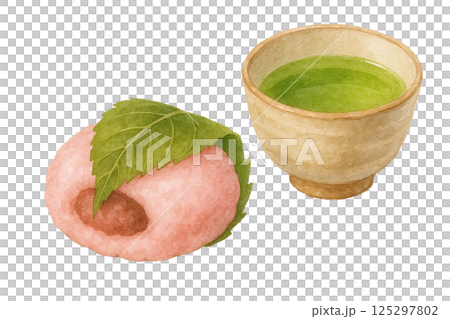 桜餅と湯のみの緑茶を描いた水彩イラスト（食品・食材） 125297802