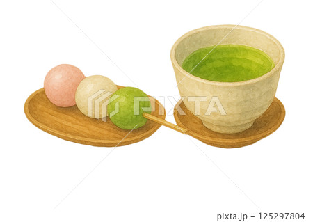 三色団子と湯のみの緑茶を描いた水彩イラスト(食品・食材) 三色団子と湯のみの緑茶を描いた水彩イラスト(食品・食材) 125297804