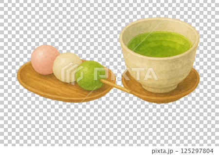 茶杯中的三種餃子和綠茶的水彩插圖（食物和食材） 125297804