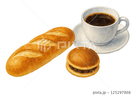 バゲットとどら焼きとコーヒーの水彩風イラスト（食品・食材） 125297808