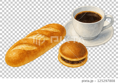 バゲットとどら焼きとコーヒーの水彩風イラスト（食品・食材） 125297808