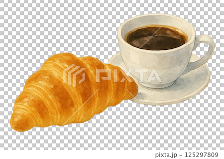 クロワッサンとコーヒーカップの水彩風イラスト（食品・食材） 125297809