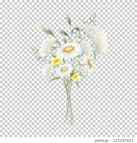 Bouquet floral of watercolor wildflowers chamomile, yarrow, buttercup and meadow grasses isolated from background. Hand drawn illustration of yellow and white flowers for fabric, packaging, postcard 125297822