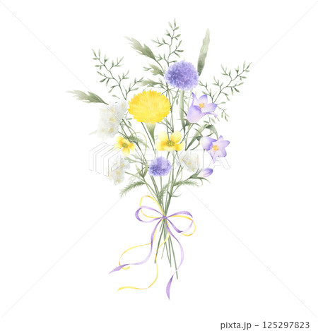 Bouquet of watercolor wildflowers bellflower, dandelion, buttercup, yarrow and meadow grasses tied bow. Hand drawn isolated illustration of yellow, lilac and white flowers for postcards and stickers 125297823