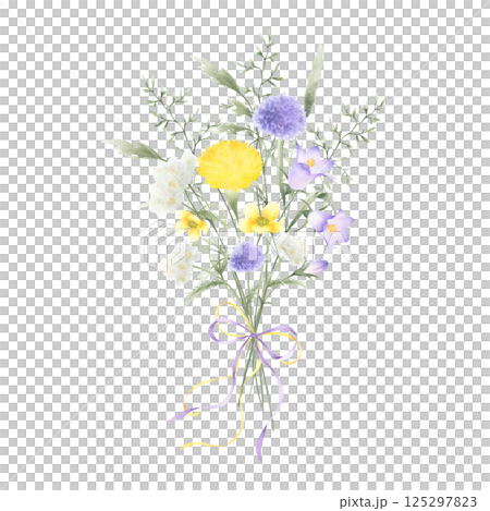 Bouquet of watercolor wildflowers bellflower, dandelion, buttercup, yarrow and meadow grasses tied bow. Hand drawn isolated illustration of yellow, lilac and white flowers for postcards and stickers 125297823