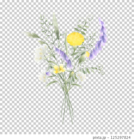 Bouquet of watercolor wildflowers mouse pea, dandelion, buttercup, yarrow and meadow grasses. Hand drawn isolated illustration of yellow, lilac and white flowers for fabric, postcards and stickers 125297824