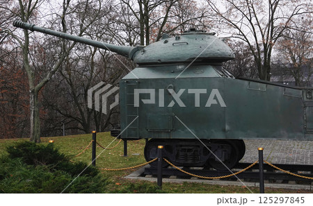 Kiev, Ukraine December 10, 2020: An armored car of an armored train (Layout) in the Museum of military equipment for public viewing Kiev, Ukraine December 10, 2020: An armored car of an armored train (Layout) in the Museum of military equipment for public viewing 125297845