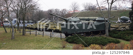 Kiev, Ukraine December 10, 2020: An armored car of an armored train (Layout) in the Museum of military equipment for public viewing Kiev, Ukraine December 10, 2020: An armored car of an armored train (Layout) in the Museum of military equipment for public viewing 125297846