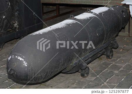 Kiev, Ukraine December 10, 2020: KMD-1-1000 shipborne mine at the Museum of Military Equipment for public viewing Kiev, Ukraine December 10, 2020: KMD-1-1000 shipborne mine at the Museum of Military Equipment for public viewing 125297877
