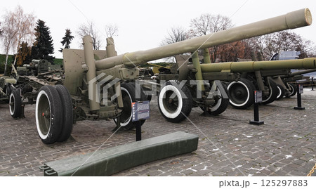Kiev, Ukraine December 10, 2020: A-19 corps cannon, caliber 122 mm, at the Museum of Military Equipment for public viewing 125297883