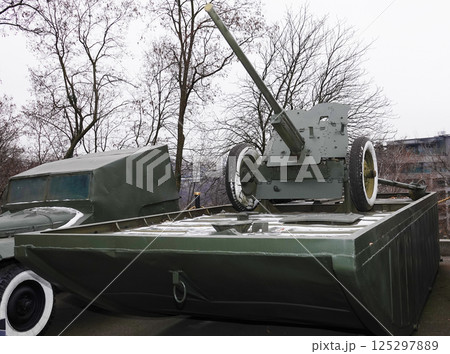 Kiev, Ukraine December 10, 2020: Anti-tank gun M-42 caliber 45mm in the Museum of military equipment for all to see Kiev, Ukraine December 10, 2020: Anti-tank gun M-42 caliber 45mm in the Museum of military equipment for all to see 125297889