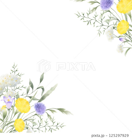 Bouquet of watercolor wildflowers lilac bellflower, yellow dandelion, white yarrow and meadow grasses. Hand drawn isolated square frame of flowers with copy space for invitations, postcard, cards 125297929