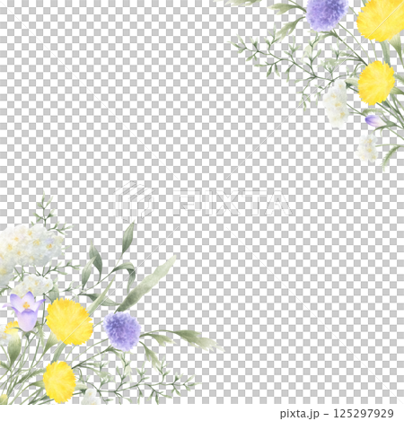 Bouquet of watercolor wildflowers lilac bellflower, yellow dandelion, white yarrow and meadow grasses. Hand drawn isolated square frame of flowers with copy space for invitations, postcard, cards 125297929