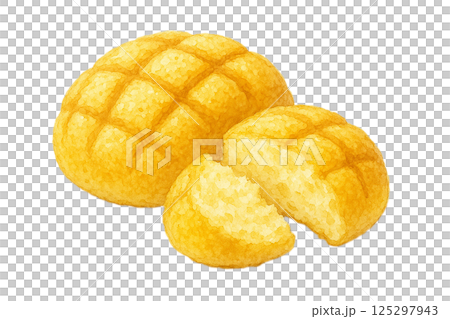 Watercolor illustration of melon bread (with cross section, freshly baked, white background) 125297943