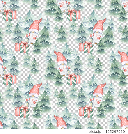 Christmas seamless pattern with gnome with lantern, spruces snow-covered and gift boxes bow tied. Watercolor illustration isolated from background for New Year festive packaging and fabric print Christmas seamless pattern with gnome with lantern, spruces snow-covered and gift boxes bow tied. Watercolor illustration isolated from background for New Year festive packaging and fabric print 125297960