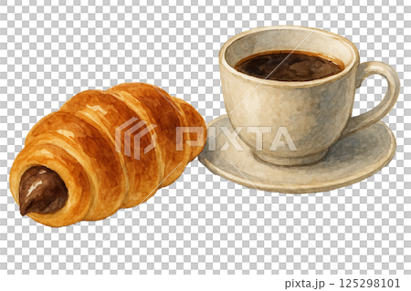 チョコクロワッサンとコーヒーカップの水彩イラスト(食材・日用品) チョコクロワッサンとコーヒーカップの水彩イラスト(食材・日用品) 125298101