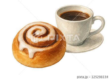 水彩で描いたシナモンロールとコーヒーのイラスト（食材） 125298134