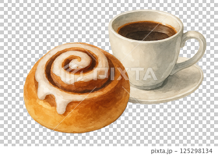 肉桂捲和咖啡(食物)的水彩插圖 肉桂捲和咖啡(食物)的水彩插圖 125298134