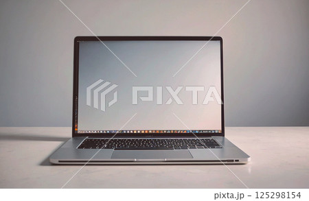 Laptop is open on a table with a blank screen. The laptop is silver and black Laptop is open on a table with a blank screen. The laptop is silver and black 125298154