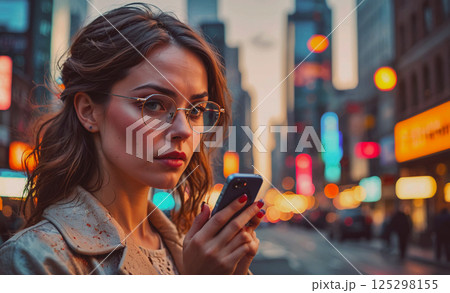 Woman is holding a cell phone in a city street. She is wearing glasses and has red hair. The city is lit up with neon signs and the woman is looking at her phone Woman is holding a cell phone in a city street. She is wearing glasses and has red hair. The city is lit up with neon signs and the woman is looking at her phone 125298155