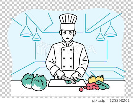 キッチンで野菜を切っている男性の料理人 125298201