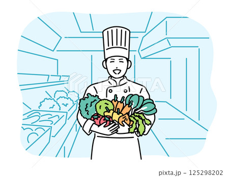 キッチンでたくさんの野菜を持っている男性の料理人 125298202