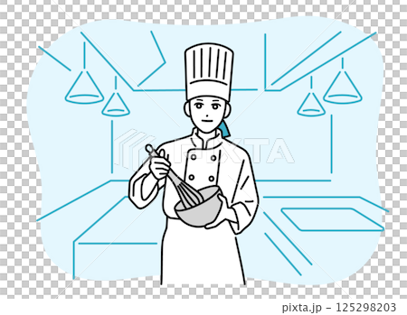 泡だて器で混ぜている女性の料理人 泡だて器で混ぜている女性の料理人 125298203