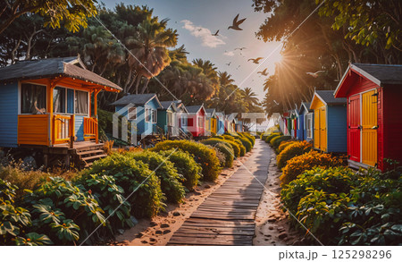Row of colorful beach houses with a path in between. The houses are painted in bright colors and are lined up along the path 125298296