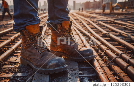 Man in a pair of work boots stands on a railroad track. The boots are brown and have a rugged appearance. Concept of hard work and determination 125298301