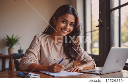 Woman is sitting at a desk with a laptop and a notebook. She is smiling and writing in the notebook 125298304