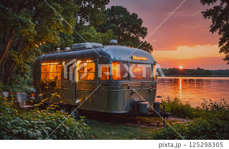 Silver camper is parked by a lake at sunset. The sun is setting in the background, casting a warm glow over the scene. The camper is surrounded by trees and grass, creating a peaceful and serene 125298305