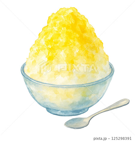水彩で描いたレモンシロップのかき氷イラスト（食べ物・スイーツ） 125298391