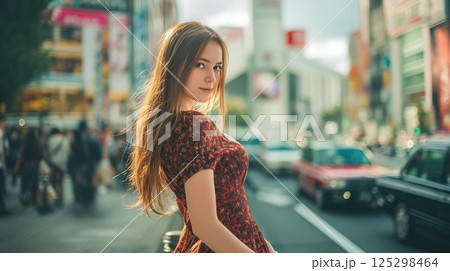街の背景と美女のポートレート 125298464
