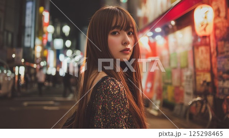 街の背景と美女のポートレート 125298465