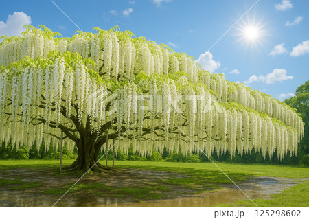 綺麗な爽やかな白い藤の花に青空 125298602