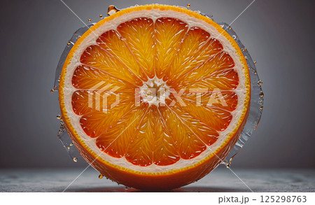 Close up of a slice of orange with a drop of water on it. The orange is cut in half and the water droplet is on the top of the slice Close up of a slice of orange with a drop of water on it. The orange is cut in half and the water droplet is on the top of the slice 125298763