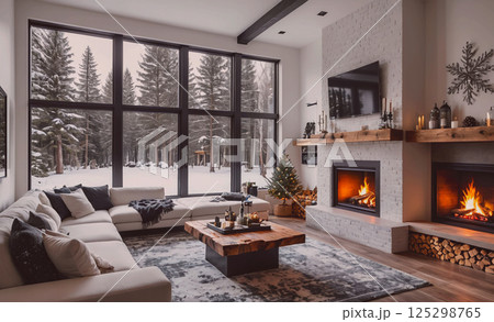 Cozy living room with a fireplace and a large window overlooking a snowy landscape. The room is furnished with a couch, a coffee table, and a TV. There are also several candles and a potted plant in 125298765