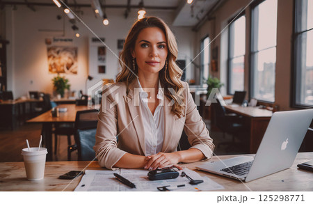 Woman in a business suit sits at a desk with a laptop and a calculator. She is focused and professional 125298771