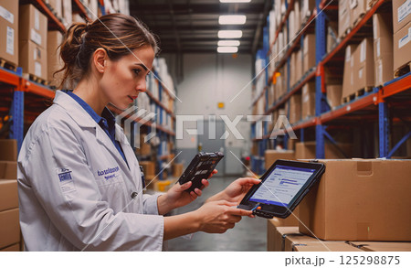 Woman in a white lab coat is using a tablet to scan a box. She is wearing a name tag that says "American Express" 125298875