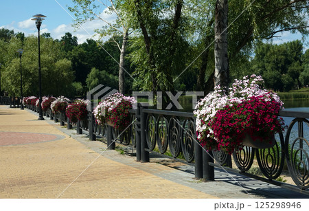 Flowers in park beds and in hanging pots on city streets 125298946
