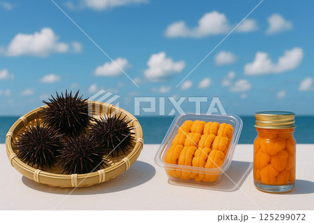 採れたてのウニとパックに瓶詰 125299072